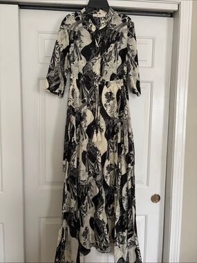 Tory Burch Black and Cream Printed Maxi Shirt Dress